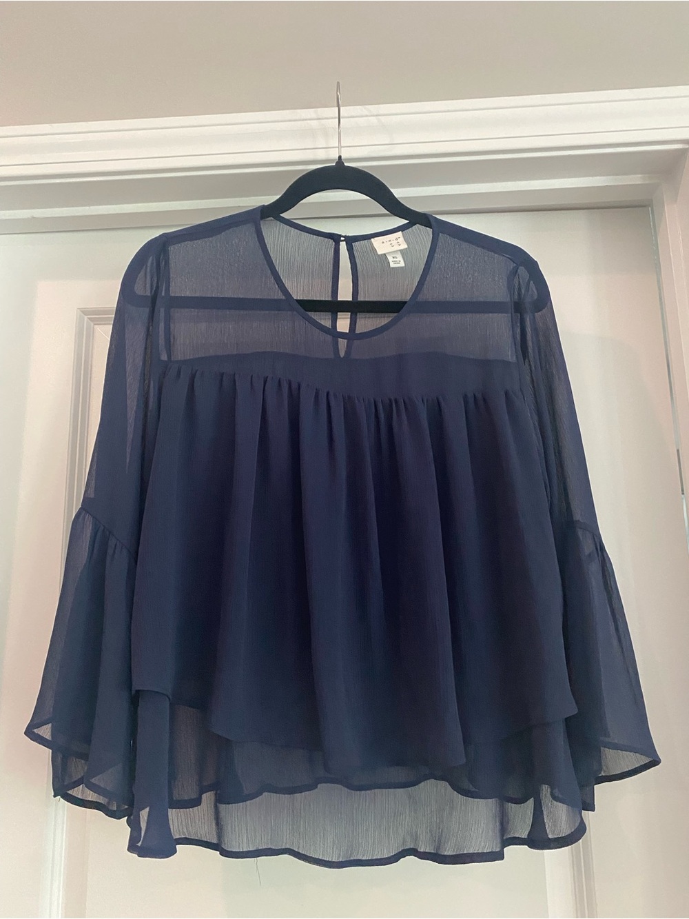 A New Day Sheer Navy Blouse with Flounced Hem